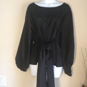 Black bloused puff gathered sleeve tie front XL